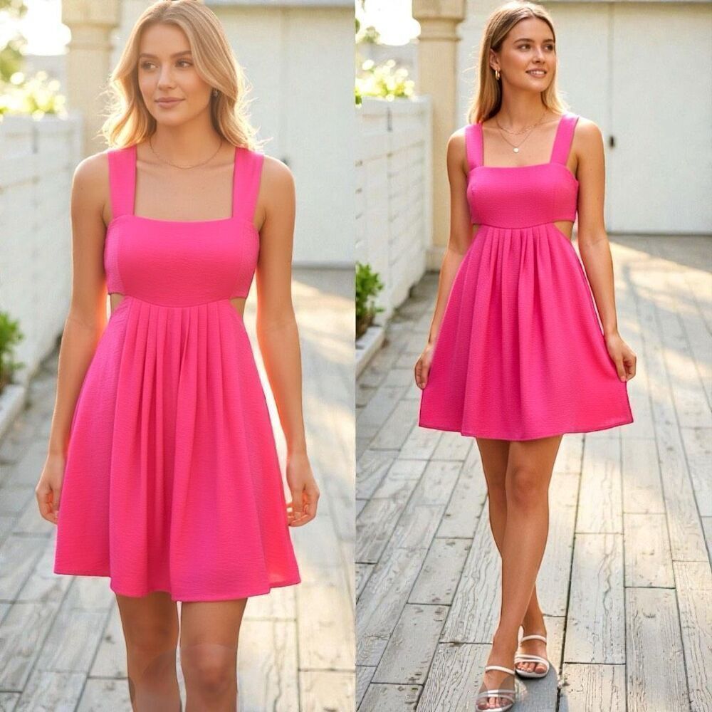 Hot Pink Mini Dress Pocket Washed Satin Cutout Skirt Bandeau | Davi & Dani
